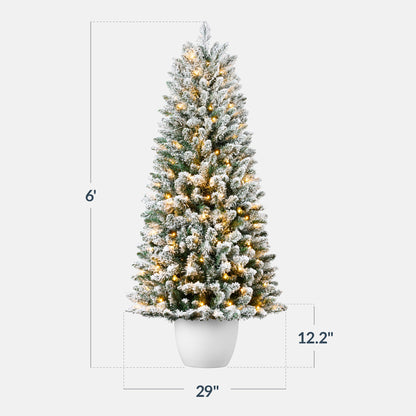 Pre-Lit Potted Flocked Christmas Tree w/ Twinkling White LEDs
