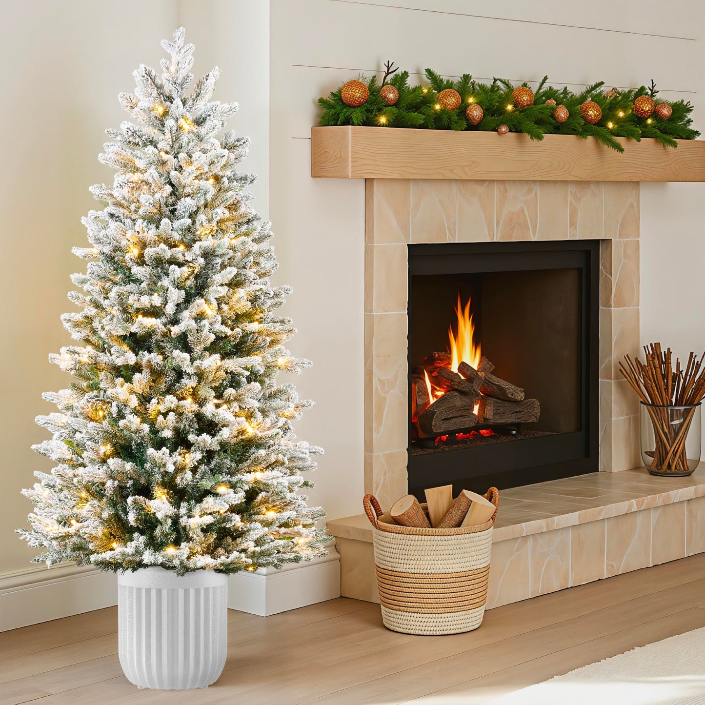Pre-Lit Potted Flocked Christmas Tree w/Twinkling White & Multi LEDs