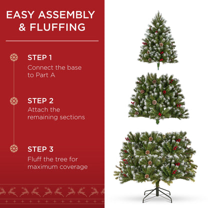 Pre-Lit Frosted Spruce Christmas Tree, w/ Pinecones, Berries, Metal Base
