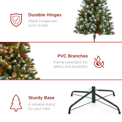 Pre-Lit Frosted Spruce Christmas Tree, w/ Pinecones, Berries, Metal Base