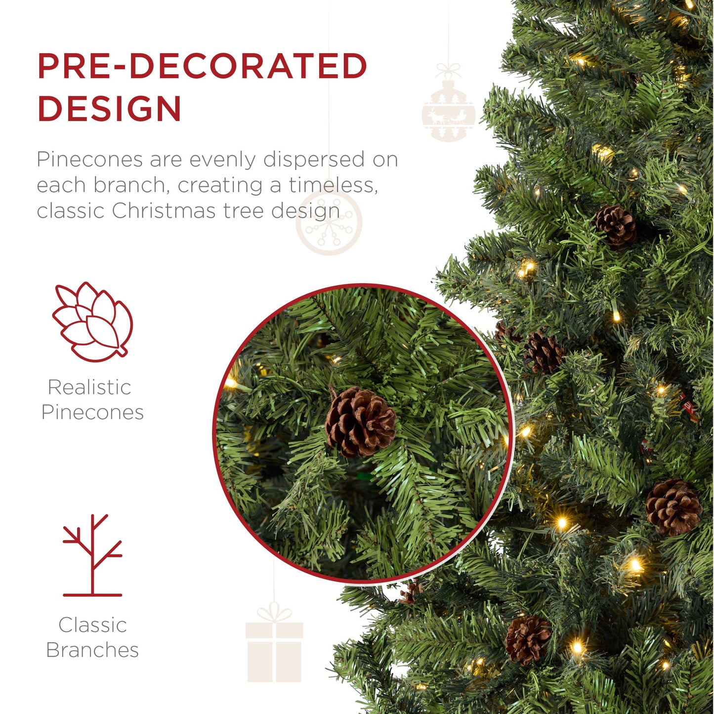 Pre-Lit Pre-Decorated Christmas Tree w/ Pinecones
