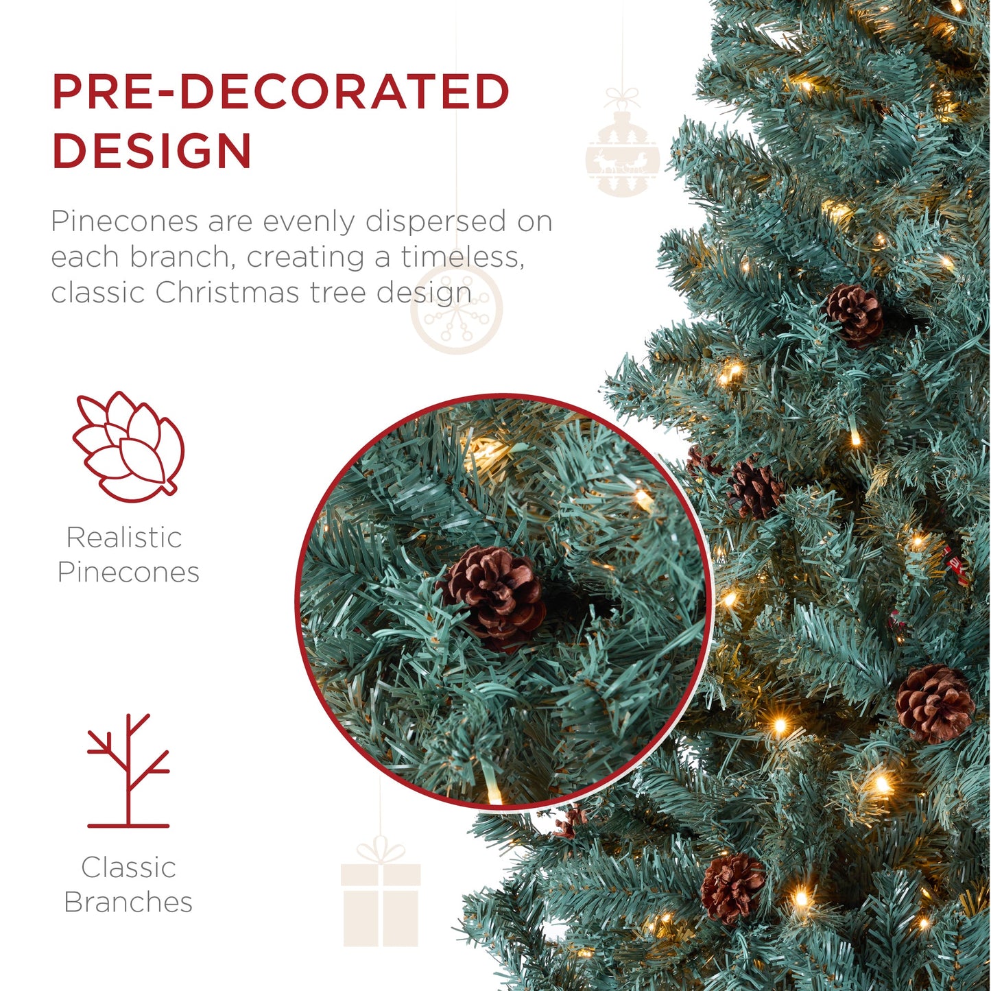 Pre-Lit Pre-Decorated Christmas Tree w/ Pinecones