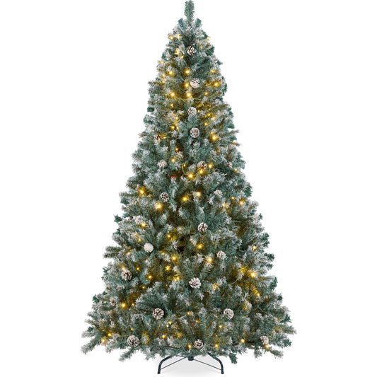 Pre-Lit Pre-Decorated Christmas Tree w/ Flocked Tips, Pinecones