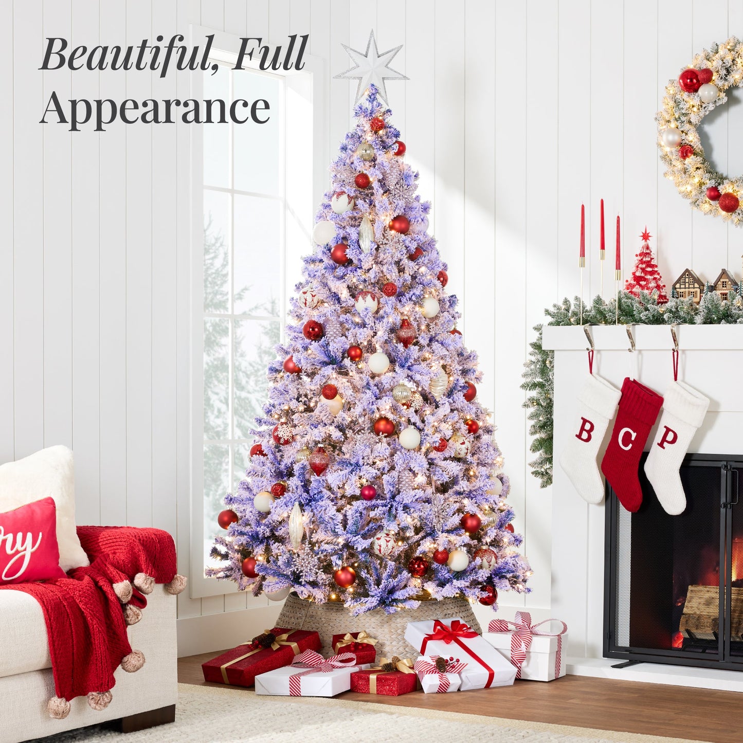Pre-lit Christmas Tree, Snow Flocked Holiday Decor w/Twinkle Lights