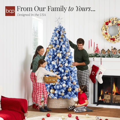 Snow Flocked Colorful Artificial Pine Christmas Tree w/ Foldable Metal Base