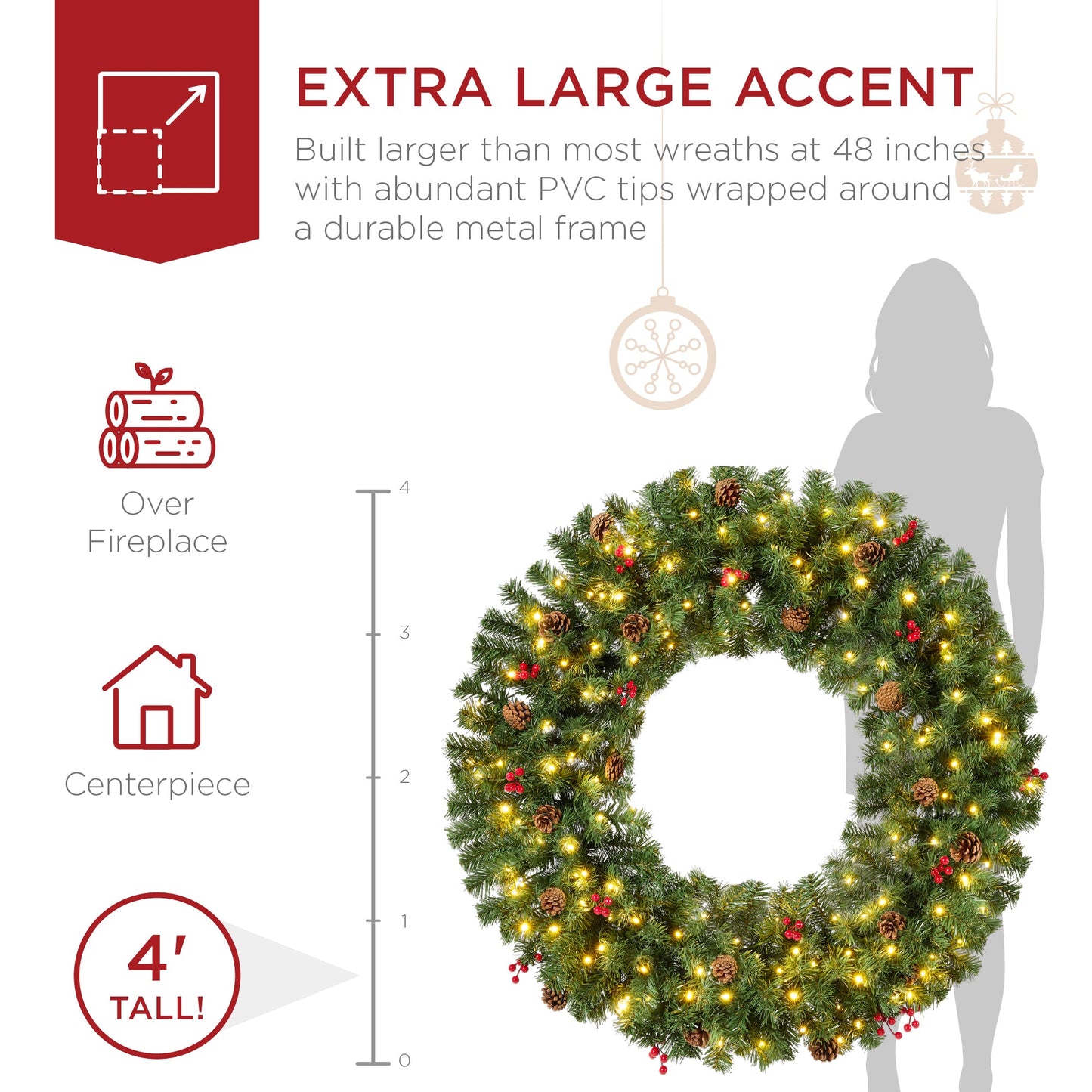 Pre-Lit Artificial Christmas Wreath w/Berries & Pinecones, Lights