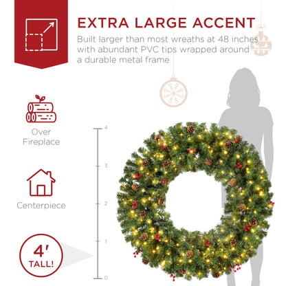 Pre-Lit Artificial Christmas Wreath w/Berries & Pinecones, Lights