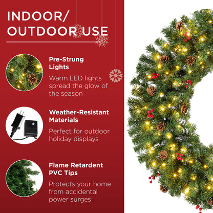 Pre-Lit Artificial Christmas Wreath w/Berries & Pinecones, Lights
