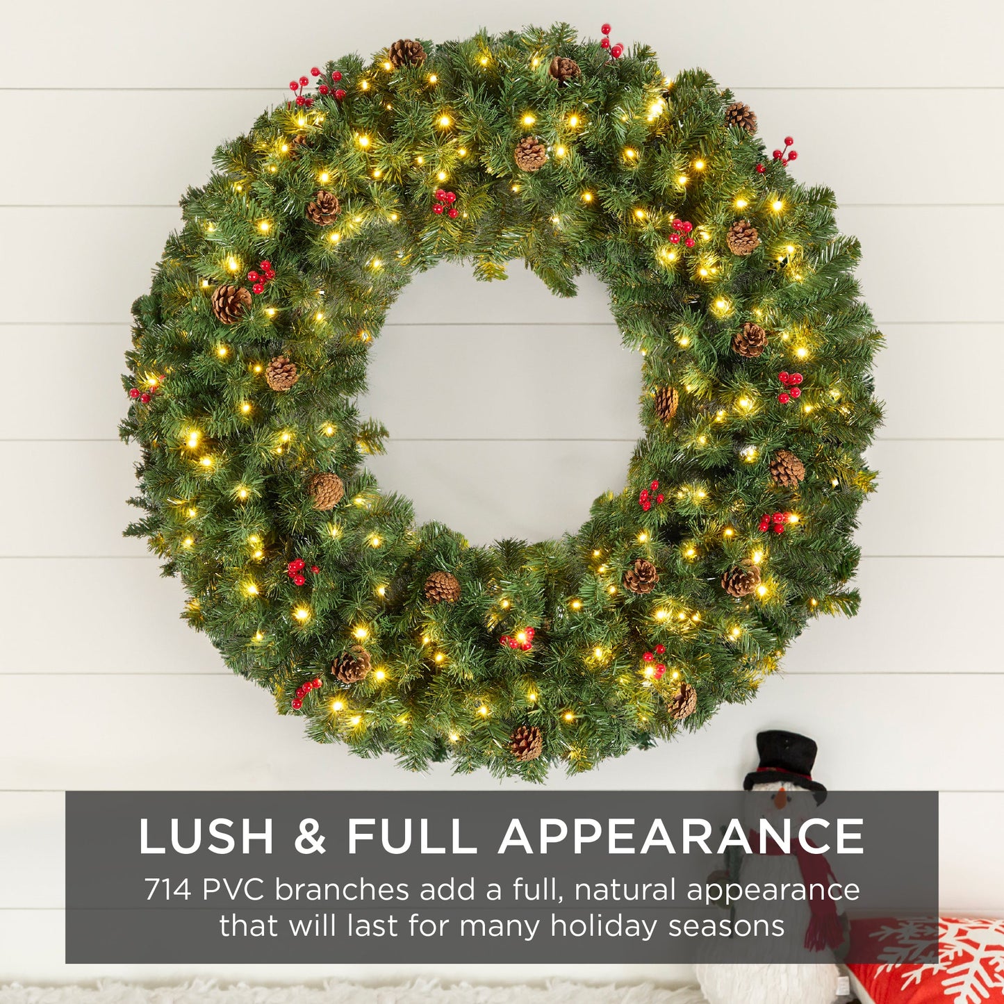 Pre-Lit Artificial Christmas Wreath w/Berries & Pinecones, Lights