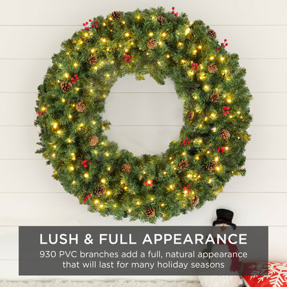 Pre-Lit Artificial Christmas Wreath w/Berries & Pinecones, Lights
