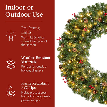 Pre-Lit Artificial Christmas Wreath w/Berries & Pinecones, Red Bow, Lights