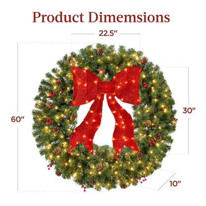 Pre-Lit Artificial Christmas Wreath w/Berries & Pinecones, Red Bow, Lights