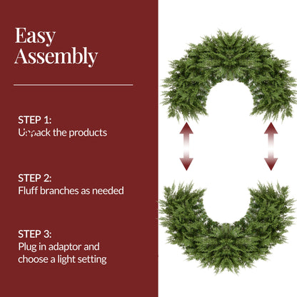 Pre-Lit Cedar Cypress Christmas Realistic Wreath w/ Twinkling LEDs