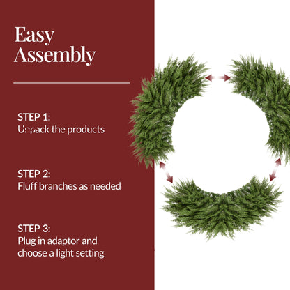 Pre-Lit Cedar Cypress Christmas Realistic Wreath w/ Twinkling LEDs