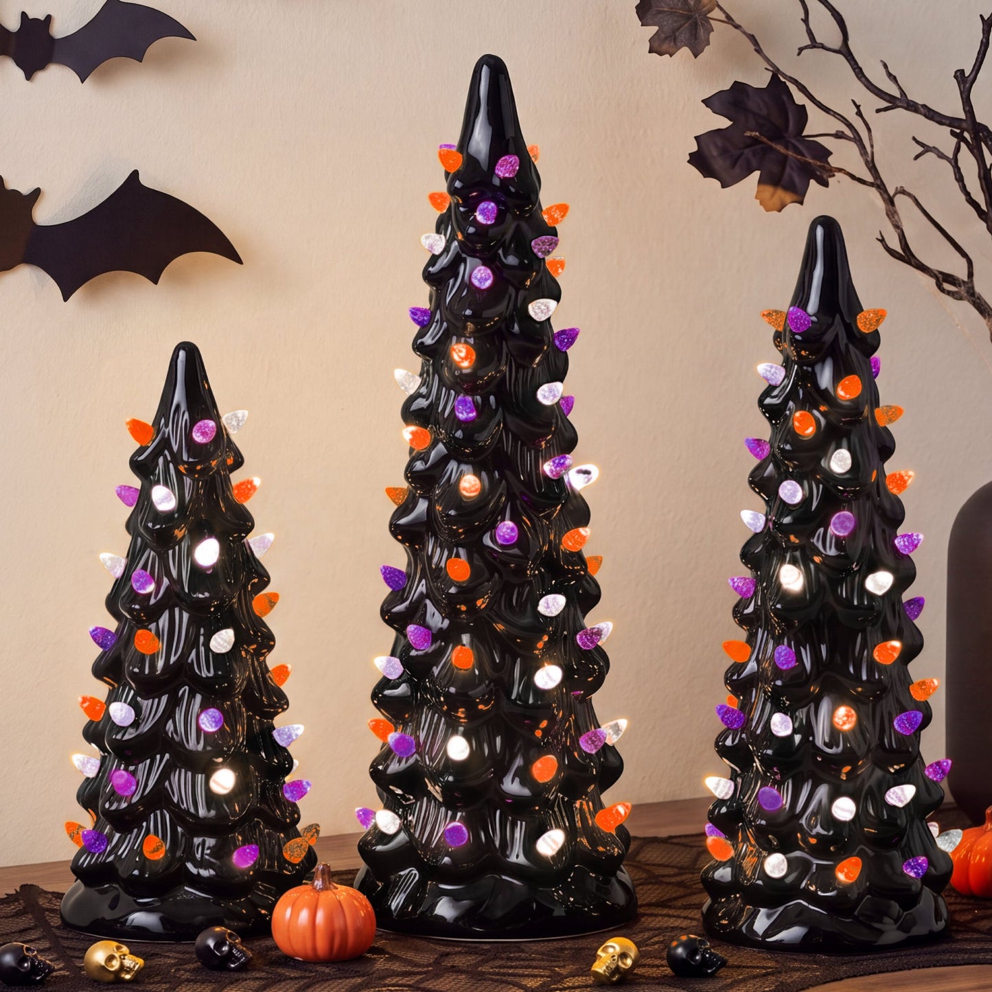 3Pc Ceramic Halloween Trees, Pre-Lit Pencil Tabletop Decoration LEDs