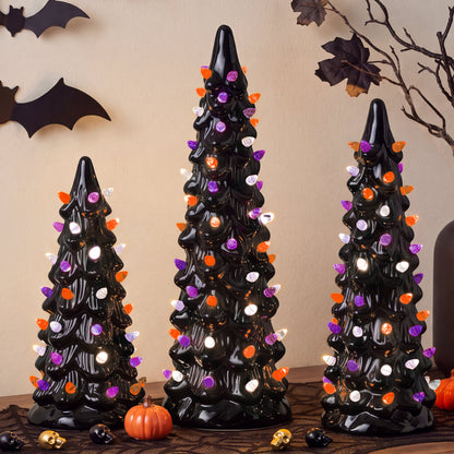 3Pc Ceramic Halloween Trees, Pre-Lit Pencil Tabletop Decoration LEDs