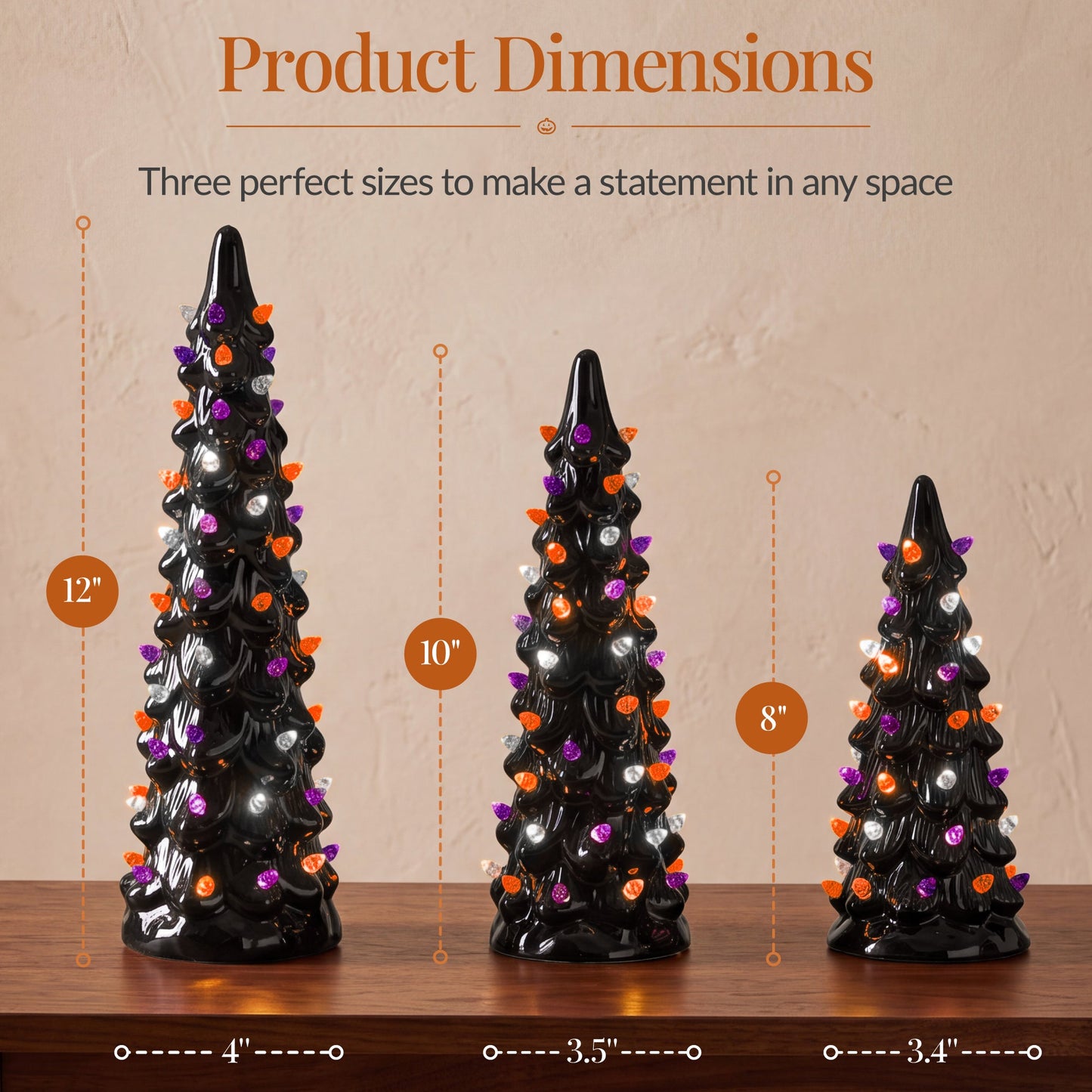3Pc Ceramic Halloween Trees, Pre-Lit Pencil Tabletop Decoration LEDs