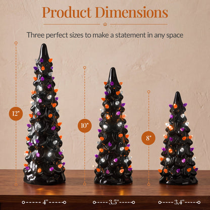 3Pc Ceramic Halloween Trees, Pre-Lit Pencil Tabletop Decoration LEDs