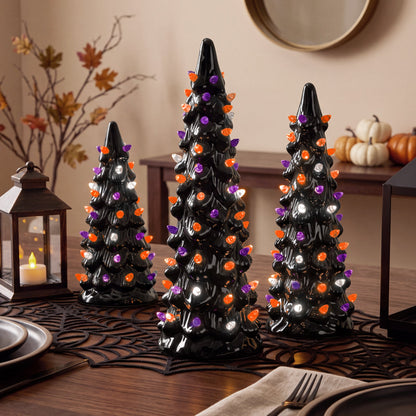 3Pc Ceramic Halloween Trees, Pre-Lit Pencil Tabletop Decoration LEDs