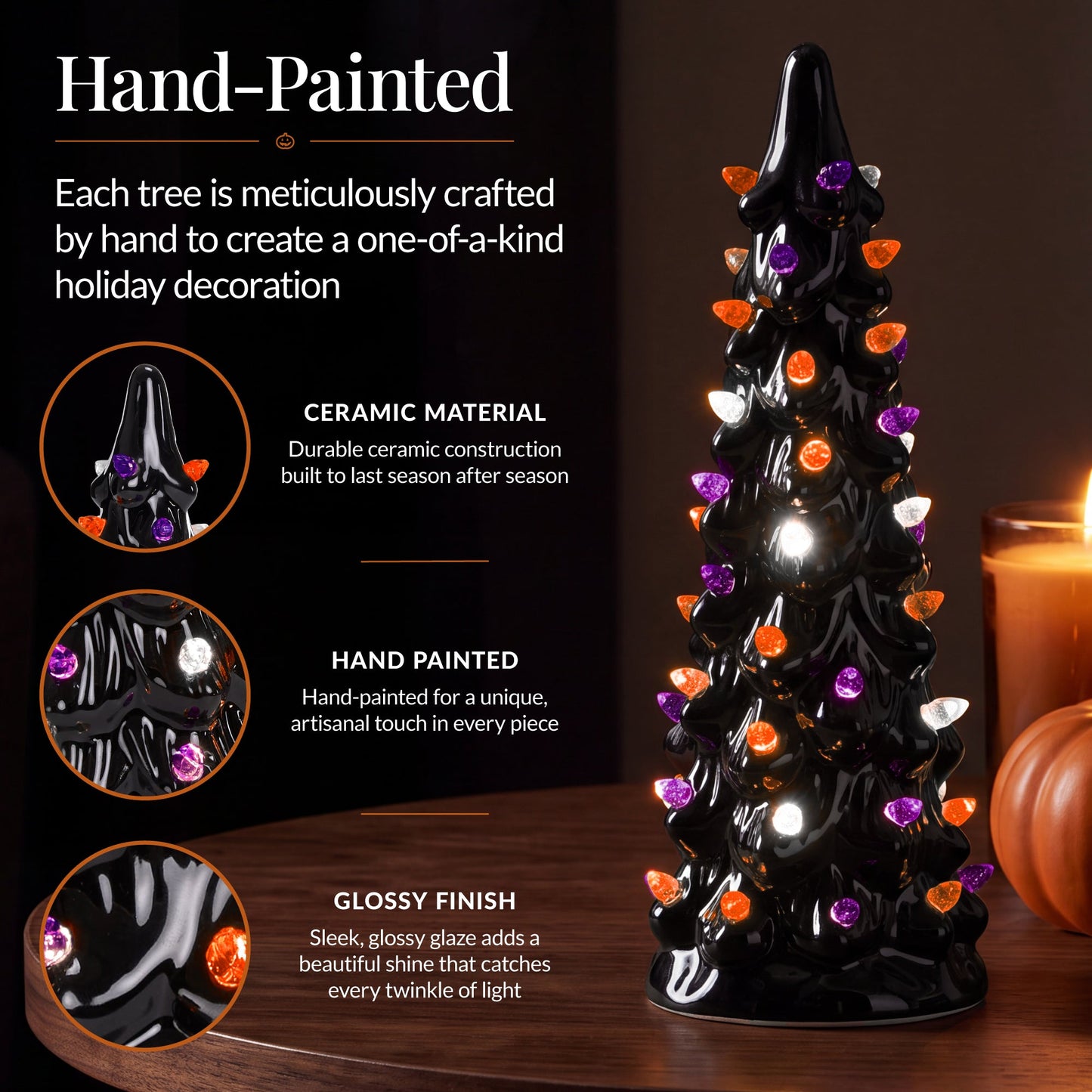 3Pc Ceramic Halloween Trees, Pre-Lit Pencil Tabletop Decoration LEDs