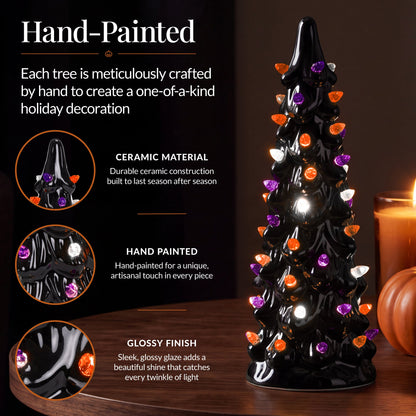 3Pc Ceramic Halloween Trees, Pre-Lit Pencil Tabletop Decoration LEDs