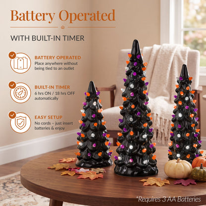 3Pc Ceramic Halloween Trees, Pre-Lit Pencil Tabletop Decoration LEDs