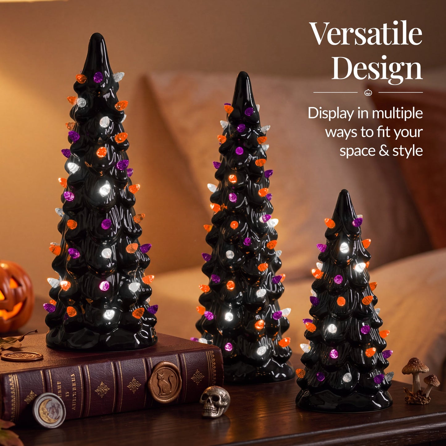 3Pc Ceramic Halloween Trees, Pre-Lit Pencil Tabletop Decoration LEDs