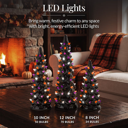3Pc Ceramic Halloween Trees, Pre-Lit Pencil Tabletop Decoration LEDs