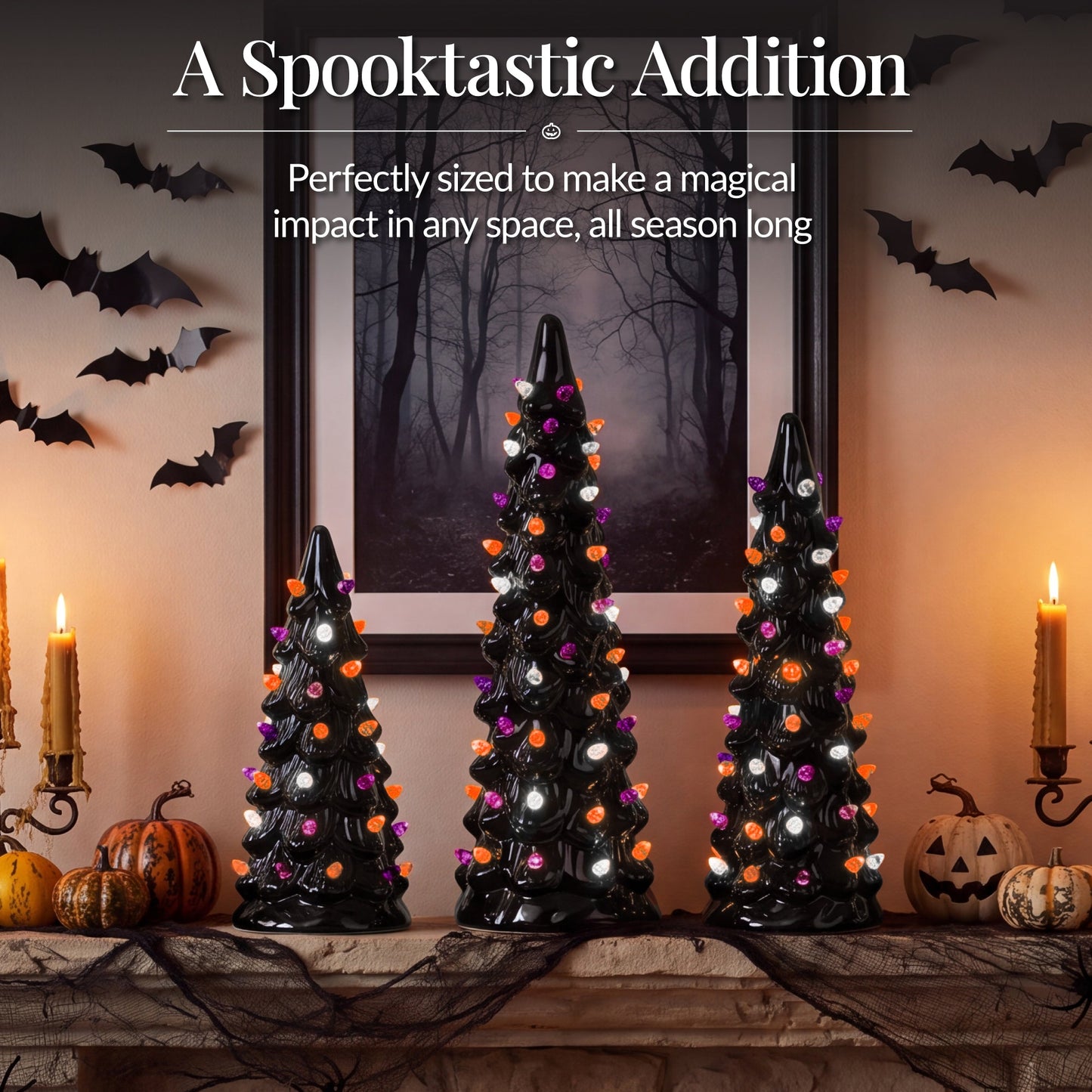 3Pc Ceramic Halloween Trees, Pre-Lit Pencil Tabletop Decoration LEDs