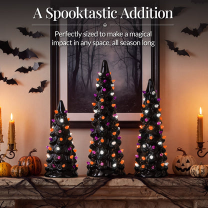 3Pc Ceramic Halloween Trees, Pre-Lit Pencil Tabletop Decoration LEDs