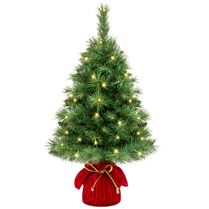 Pre-Lit Tabletop Christmas Tree w/ Red Velvet Cover & Gold Cord