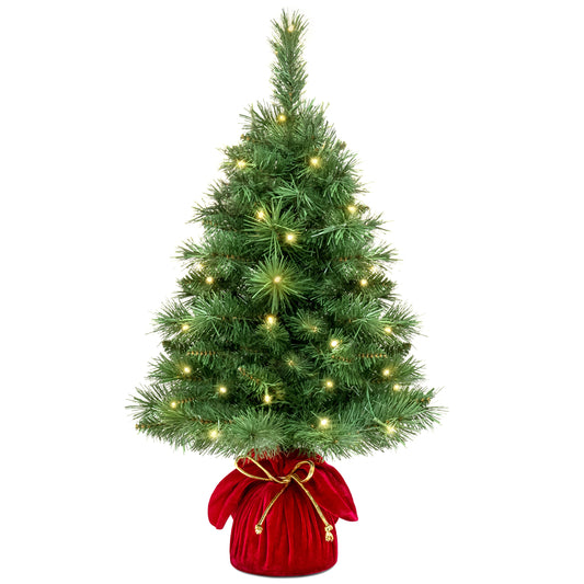 Pre-Lit Tabletop Christmas Tree w/ Red Velvet Cover & Gold Cord