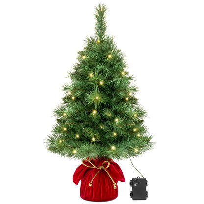 Pre-Lit Tabletop Christmas Tree w/ Red Velvet Cover & Gold Cord