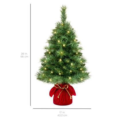 Pre-Lit Tabletop Christmas Tree w/ Red Velvet Cover & Gold Cord