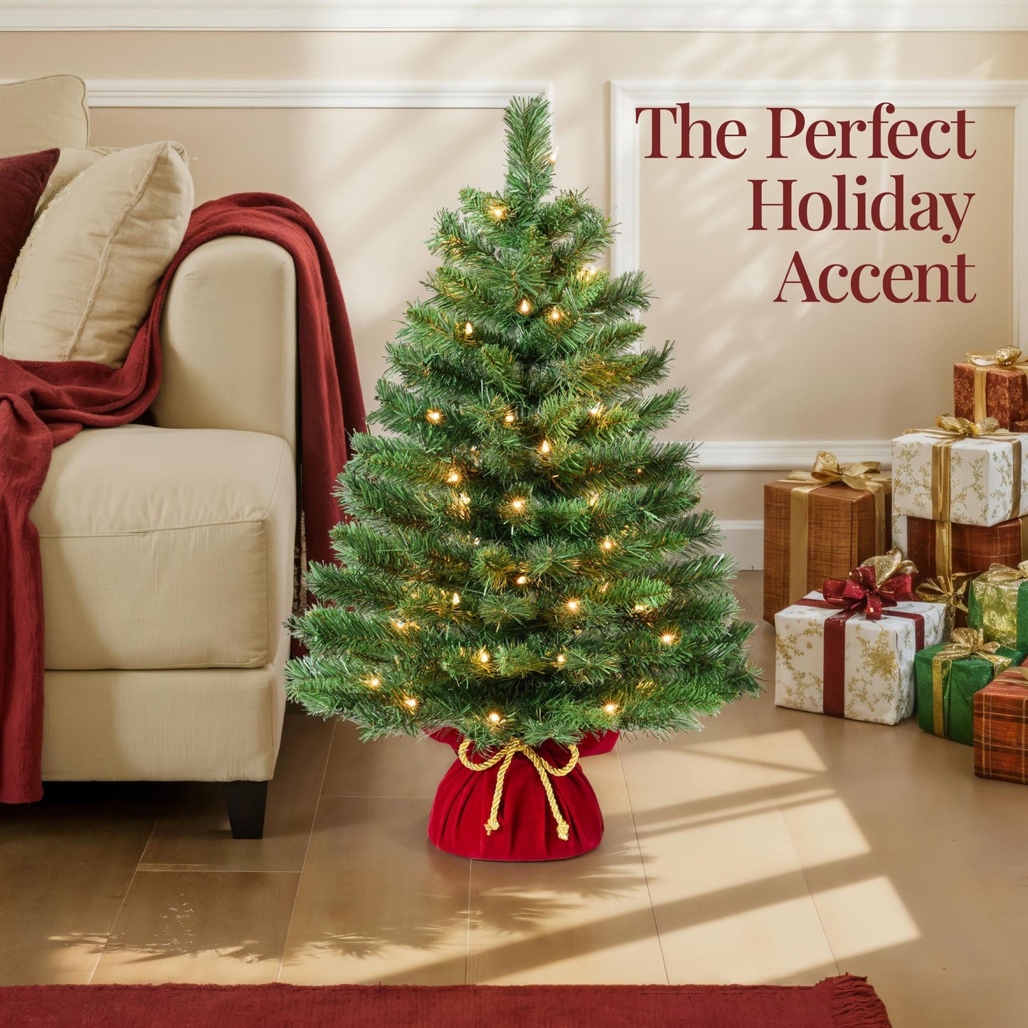 Pre-Lit Tabletop Christmas Tree w/ Red Velvet Cover & Gold Cord
