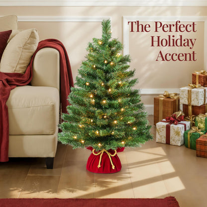 Pre-Lit Tabletop Christmas Tree w/ Red Velvet Cover & Gold Cord