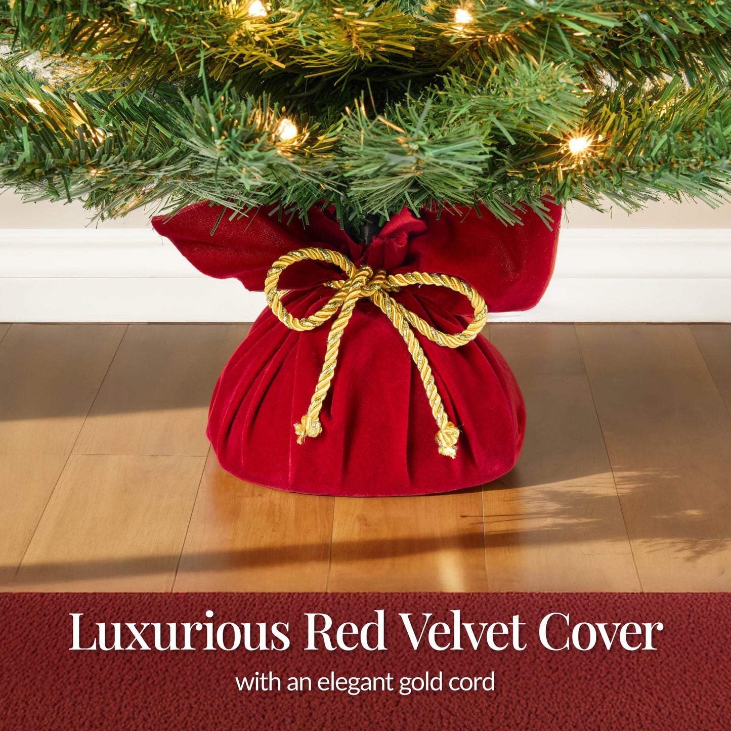 Pre-Lit Tabletop Christmas Tree w/ Red Velvet Cover & Gold Cord