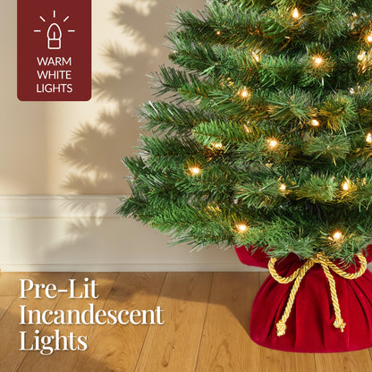 Pre-Lit Tabletop Christmas Tree w/ Red Velvet Cover & Gold Cord