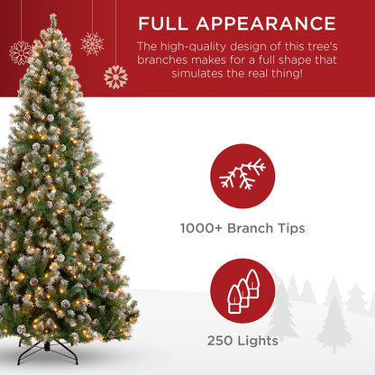 Pre-Lit Pre-Decorated Christmas Tree w/ Flocked Tips, Pinecones