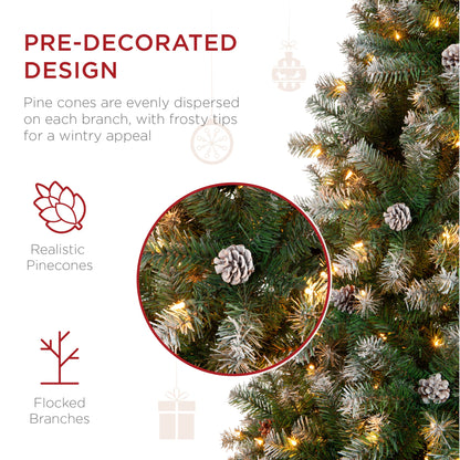 Pre-Lit Pre-Decorated Christmas Tree w/ Flocked Tips, Pinecones