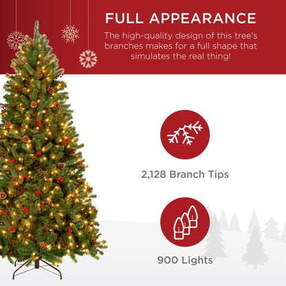 Pre-Lit Pre-Decorated Spruce Christmas Tree w/ Pine Cones, Berries