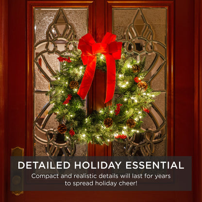 Pre-Lit Battery Powered Christmas Wreath w/ Lights, PVC Tips, Ribbon