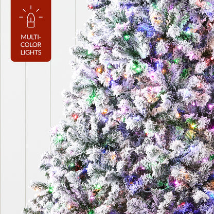 Pre-Lit Snow Flocked Artificial Pine Christmas Tree w/ Multicolored Lights
