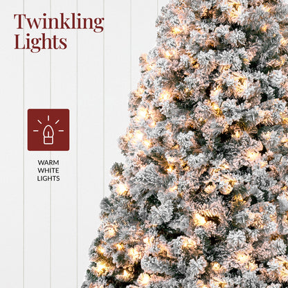 Pre-Lit Snow Flocked Artificial Pine Christmas Tree w/ Warm White Lights