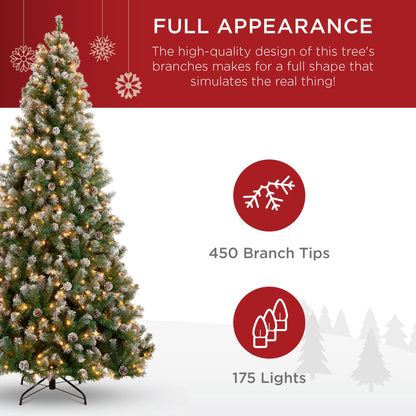 Pre-Lit Pre-Decorated Christmas Tree w/ Flocked Tips, Pinecones