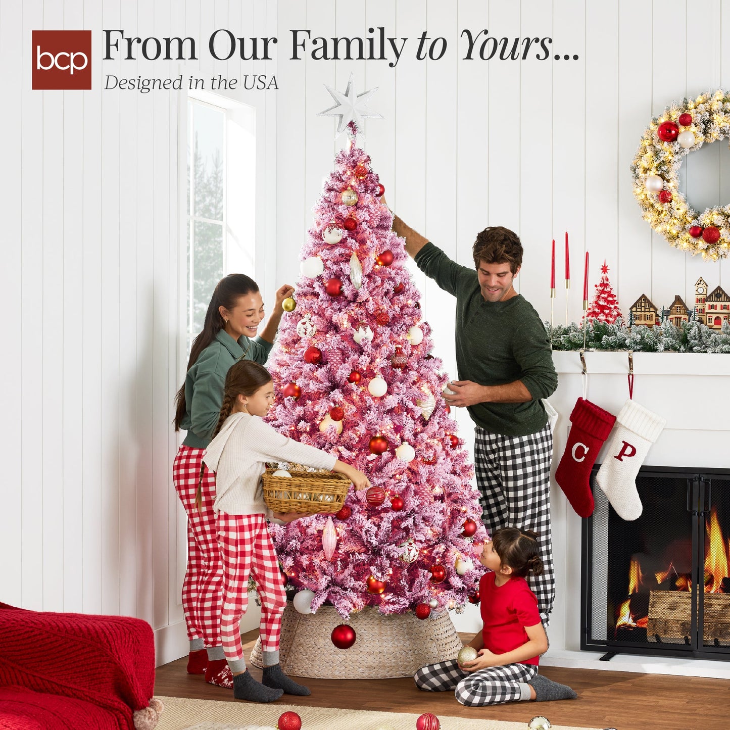 Prelit Pink Christmas Tree, Snow Flocked Full Holiday Decor w/ Metal Base