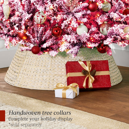 Prelit Pink Christmas Tree, Snow Flocked Full Holiday Decor w/ Metal Base