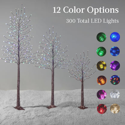 Set of 3 Lighted Twig Birch Trees, 4ft, 6ft, 8ft w/ 300 2-in-1 LEDs