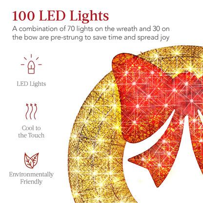 Pre-Lit Outdoor Christmas Wreath, LED Metal Holiday Decor w/ Bow - 30in