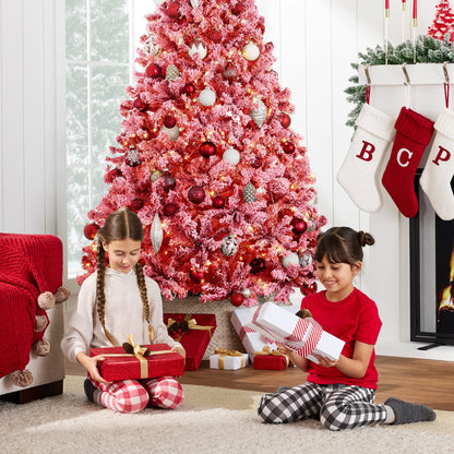 Pre-Lit Red Flocked Artificial Pine Christmas Tree w/ White Lights
